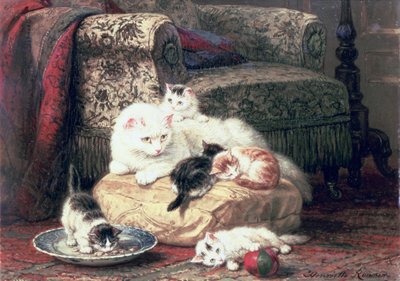Gato com seus gatinhos em uma almofada de Henriëtte Ronner Knip